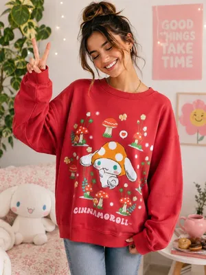 NWT Sanrio Cinnamoroll Mushroom Chenille Sweatshirt Red Women's XL Kawaii thumbnail 1