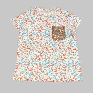 Leopard Print White, Orange, and Blue Shirt with Sequin Glitter Pocket thumbnail 3
