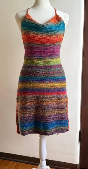HANDMADE CROCHET Rainbow Stripe Strappy Back Mini Dress Swim Cover up M/L thumbnail 1