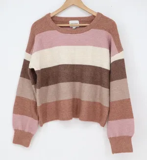 Pink Rose Womens Striped Crewneck Sweater Pink Brown Large thumbnail 1
