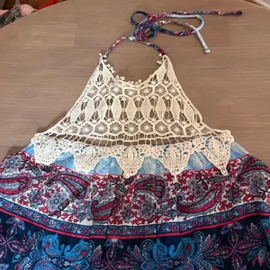 Altar’d State NWT Paisley Crochet Halter Dress M Navy Pink Boho Festival thumbnail 3