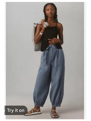 NWT Anthropologie L Washed Linen Blend Jogger Pants Eyelet Blue Drawstring thumbnail 2
