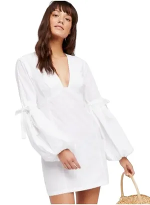 Free People Dress Womens XS White V-Neck Balloon Sleeve Mini Tassel Summer Boho thumbnail 1