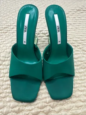 Zara Women’s Green Satin Strap Slides Square Front Chunky Block Acrylic Heel 39 thumbnail 11