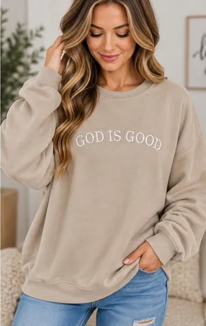 Jerzees Nublend “God Is Good” Beige Crewneck Sweatshirt Large NWT thumbnail 1