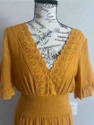 Smocked-Waist Mustard Maxi Dress with V-Neck and Flutter Sleeves thumbnail 3