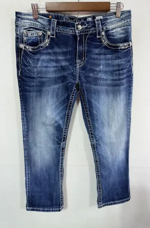 Miss Me Signature Crop Jeans Size 32 Blue Inseam 25.5" JE8091C Embellished Boho thumbnail 1