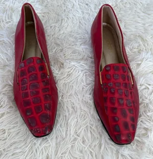 Red Leather Loafers Women's Croc‎ Embossed Square Toe Slip On Dress Shoes thumbnail 1