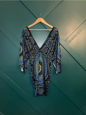 Boho Blue Geometric Mini Dress | V-Neck Bell Sleeve Bodycon Festival Resort thumbnail 3