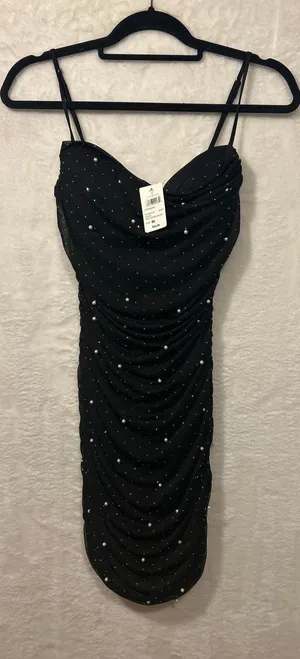 NWT Black Rhinestone Ruched Bodycon Mini‎ Dress Women's Medium thumbnail 1
