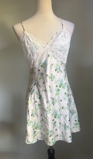 Dainty boho cute Satin Lace Slip Dress blue Floral Bee Open y2k Mini cottage M thumbnail 1