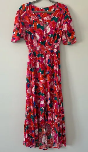 Anthropologie Abel the Label Red Pink Floral Smocked Waist Hi Lo Ruffle Dress M thumbnail 1
