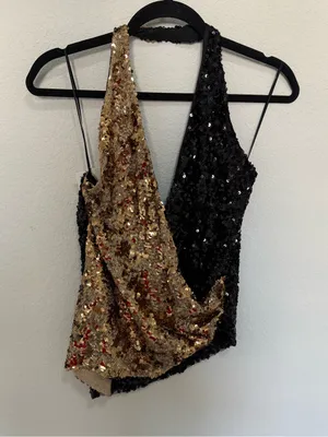 ZARA Gold and Black Sequin Halter Top Size Small Glam Festival Metallic thumbnail 5