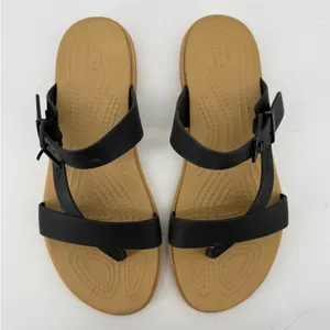 Crocs Tulum Toe Post Sandal Black Tan Women 6 Strappy Slip On Flip Flop Buckle thumbnail 3
