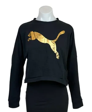 Puma Women's Black Gold Metallic Logo Cozy Pullover Sweater Sweatshirt Top S thumbnail 1