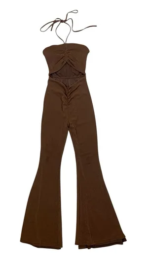 Princess Polly 4 Brown Cutout Halter Flare Jumpsuit Y2K Festival Going Out thumbnail 1