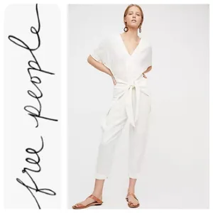 Free People ‘Shining Sun’ Front Waist Tie Linen Blend V Neck Jumpsuit Small thumbnail 5