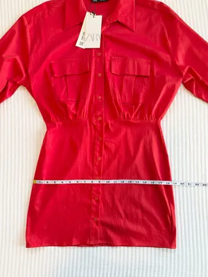 Zara Red Poplin Mini Shirt Dress with Long Sleeves NWT thumbnail 9