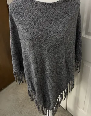 ZoZo Gray Knit Fringe Shawl Wrap for Women Solid Pattern Poncho Style thumbnail 1