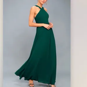 Lulus Air of Romance Forest Green Halter Gown Maxi‎ Dress Size LARGE thumbnail 3