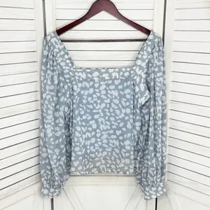 Lucca Petal Print Square‎ Neck Crop Blouse Blue White Large Long Balloon Sleeve thumbnail 7
