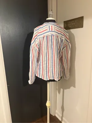 Free People Striped Button-Down 100% Cotton Shirt in White, Red & Blue thumbnail 3