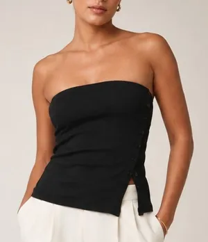 Abercrombie & Fitch Ribbed Strapless Top Slit Size S Black Minimal Y2K Going Out thumbnail 1