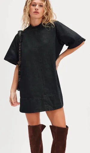 Free People Harlow Mini Dress Washed Black Oversized Denim Tee Dress Large NWOT thumbnail 1