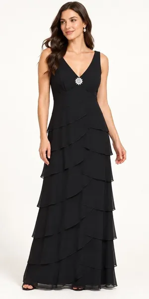 Patra Tiered Ruffle Dress Women 8 Black Rhinestone Brooch Maxi Cocktail Party thumbnail 1