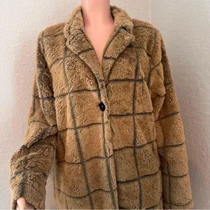Fair Haven Plush Faux Fur Winter Sweater Coat Size Large Checkered plaid brown thumbnail 5