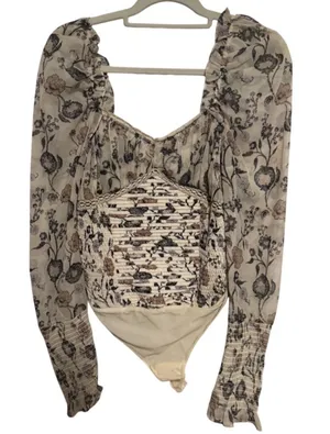 Free People NWT $128 Brunch Date Bodysuit Floral Ivory Sheer Long Puff Sleeve S thumbnail 1