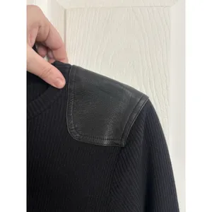 Y2K Lauren Jeans Co Black Rib Knit Crewneck Leather Patch Long Sleeve M Moto thumbnail 5