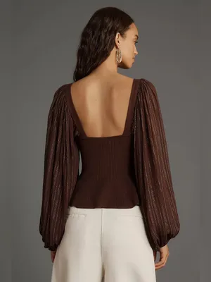 Anthropologie‎ Bl-nk Peplum Twofer Sweater Top Balloon Sleeves Brown Size Small thumbnail 2