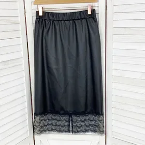Michael Kors Lace Trim Faux Leather Slip Skirt‎ Black Midi Pencil Elastic XS thumbnail 10