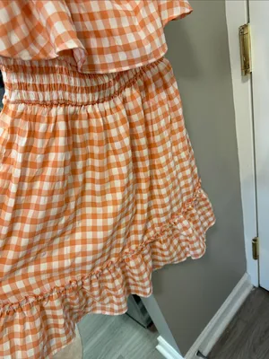 Molly Green Orange & White Gingham Gameday Tiered Ruffle Mini Dress Small $78 thumbnail 3