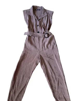 ZARA Sleeveless Collared Belted Wide Leg Jumpsuit Brown XS thumbnail 1