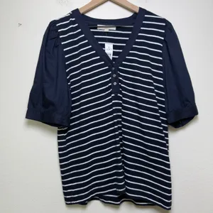 NEW LOFT Women Cotton‎ Knit Top Large Navy White Striped Henley Preppy Coastal thumbnail 2