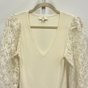 Entro Cream Ribbed V-Neck Sweater‎ Floral Lace Balloon Sleeve Top T19885 Large thumbnail 3