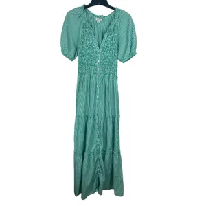 Sundance Smocked Button Maxi Dress S Green White Striped Tiered Cottage Boho thumbnail 2