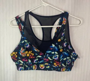 Lab Joy Women’s XL Floral Paisley Sports Bra Mesh Racerback Black Multicolor thumbnail 1