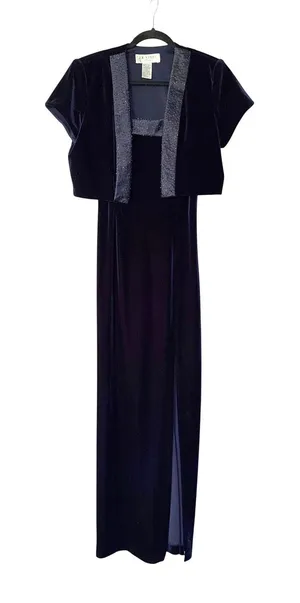 J.R. Nites Navy Blue Velvet Beaded Maxi Dress and Bolero Jacket‎ Set Vintage 10 thumbnail 1