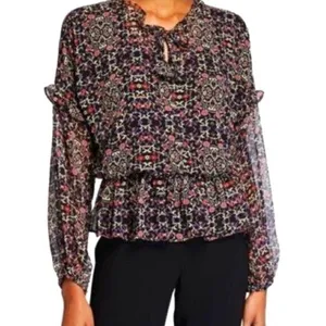 Misa Los Angeles Vera Floral Long-Sleeve Ruffle Blouse‎ Black Size Small thumbnail 2
