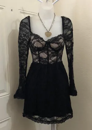 Gothic Whimsygoth Black lace mesh sweetheart neckline bustier corset mini flare babydoll coquette party cocktail formal dress-S thumbnail 3