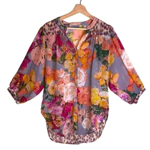 Figueroa & Flower Women's Sheer‎ Floral Leopard Blouse Size Large thumbnail 1