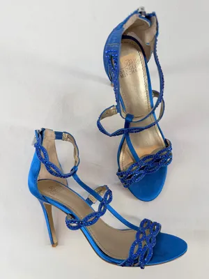 Belle Badgley Mischka Cobalt Blue Beaded Satin T-Strap Heels‎ Size 7 thumbnail 3