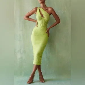 House of CB Green One Shoulder Valentina Lime Asymmetric Cut Out Midi Dress XS thumbnail 3