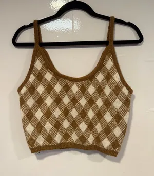 Zara Brown & Cream Argyle Knit Crop Tank‎ Top thumbnail 1