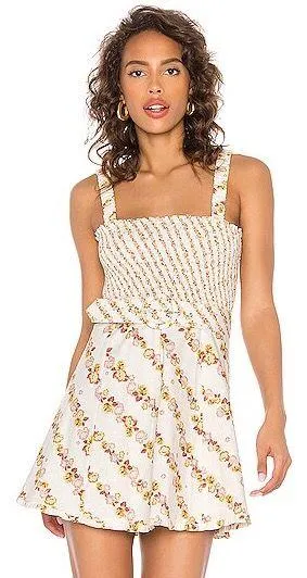 For Love & Lemons Georgia Smocked Mini Dress Mustard Small thumbnail 1