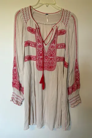 Free People Boho Embroidered Mini Dress Cream Red Tassel XS Peasant Gauze thumbnail 1