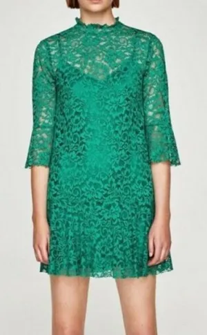 ZARA Lace Dress Sz XS Flower Patterns Green with matching slip thumbnail 1